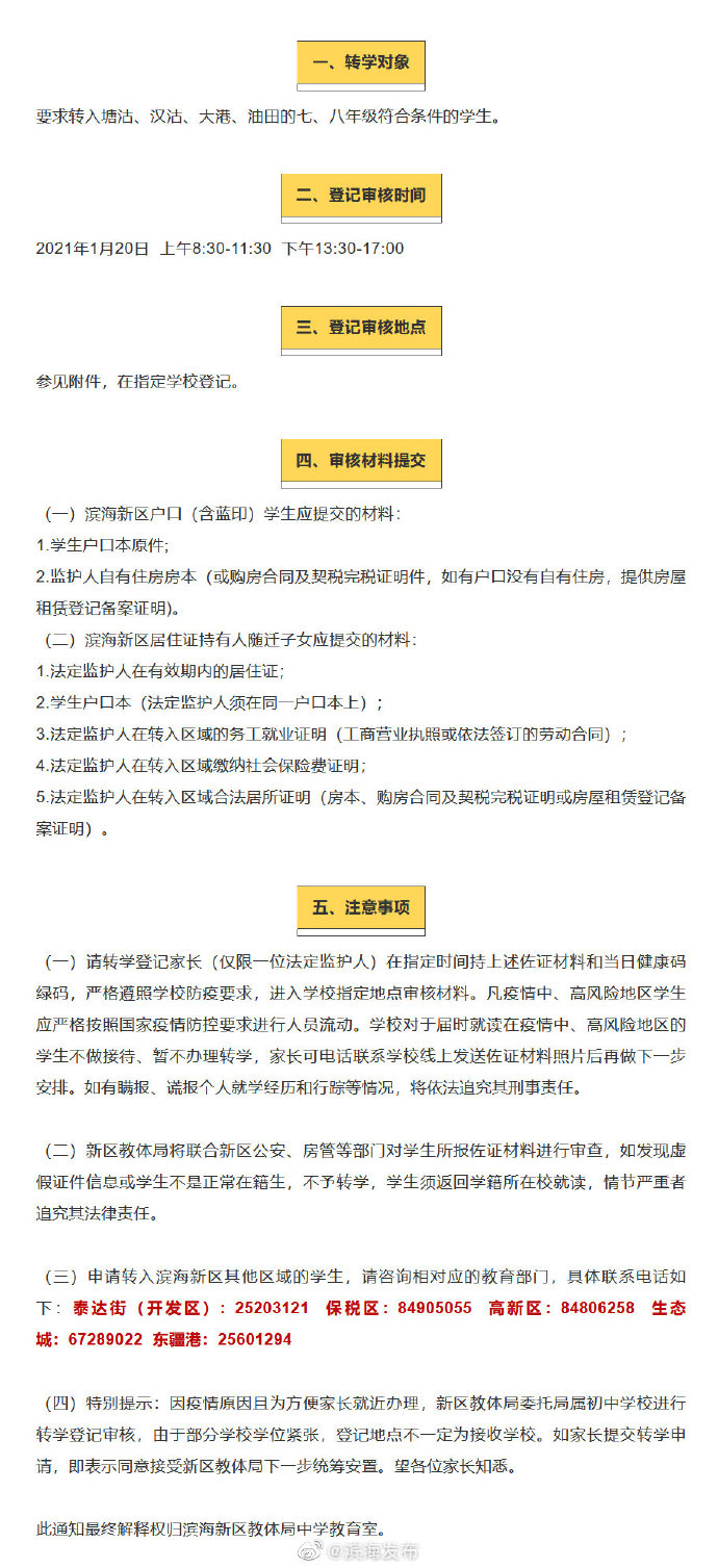 濱海新區(qū)最新初中轉(zhuǎn)學(xué)登記通知！地點(diǎn)、電話都在這……